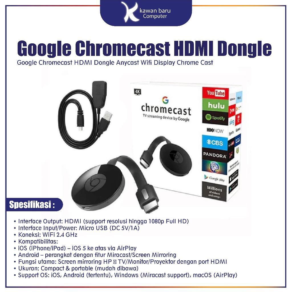 Google Chromecast HDMI Dongle Anycast Wifi Display Chrome Cast Bandung