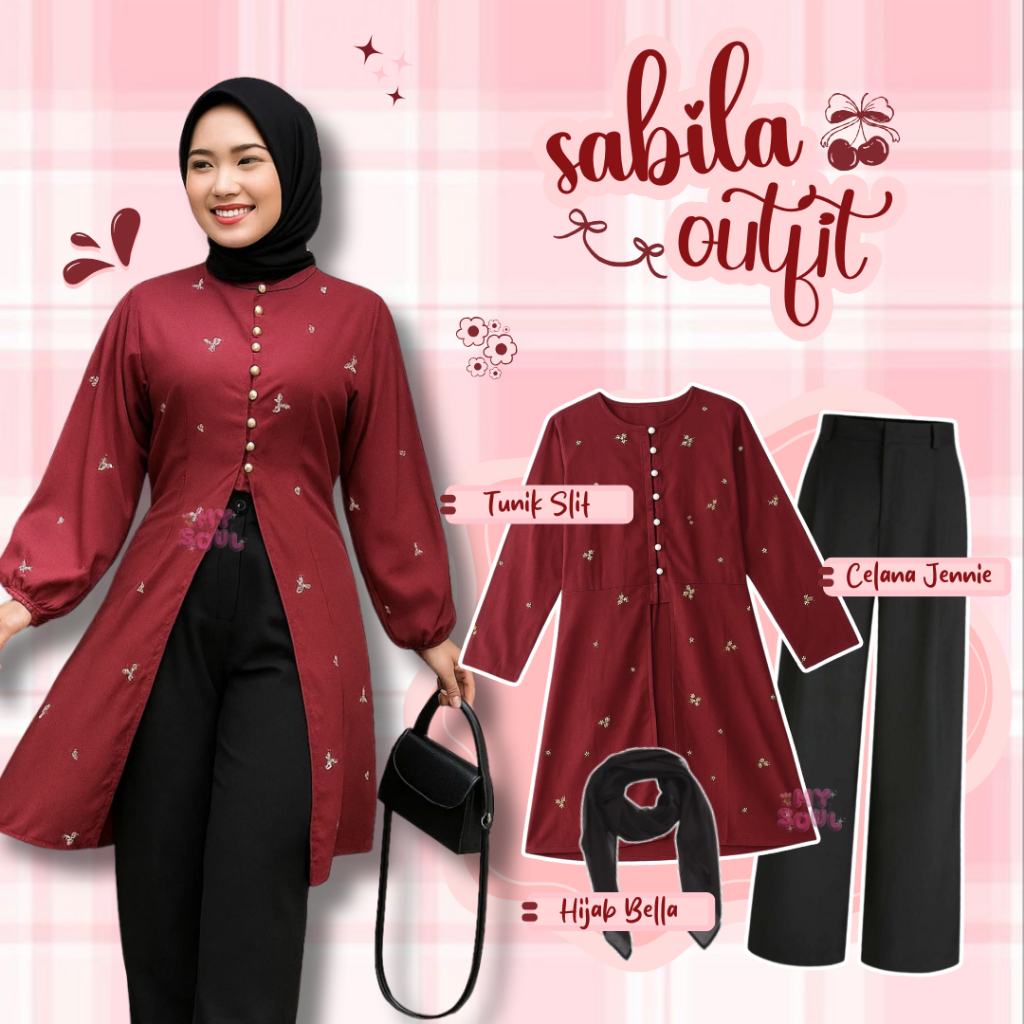 Sabila Outfit Set (Tunik Slit Maroon, Celana Jennie, Hijab Bella) OOTD Kondangan Style MSO38
