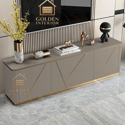 bufet meja tv minimalis modern multifungsi kombinasi warna gold bisa gantung