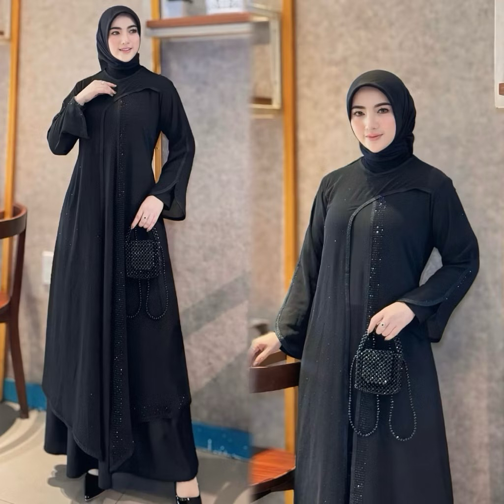 Gamis Abaya Turkey Starla Full Hitam  Abaya Jersey Mix Ceruty Babydoll