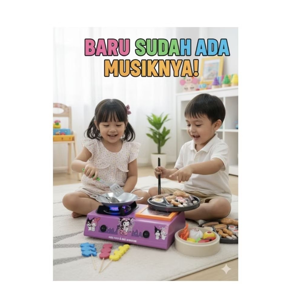 mainan anak kompor 2 dan 3 tungku bakaran LED cas / mainan set masak masakan kompor led
