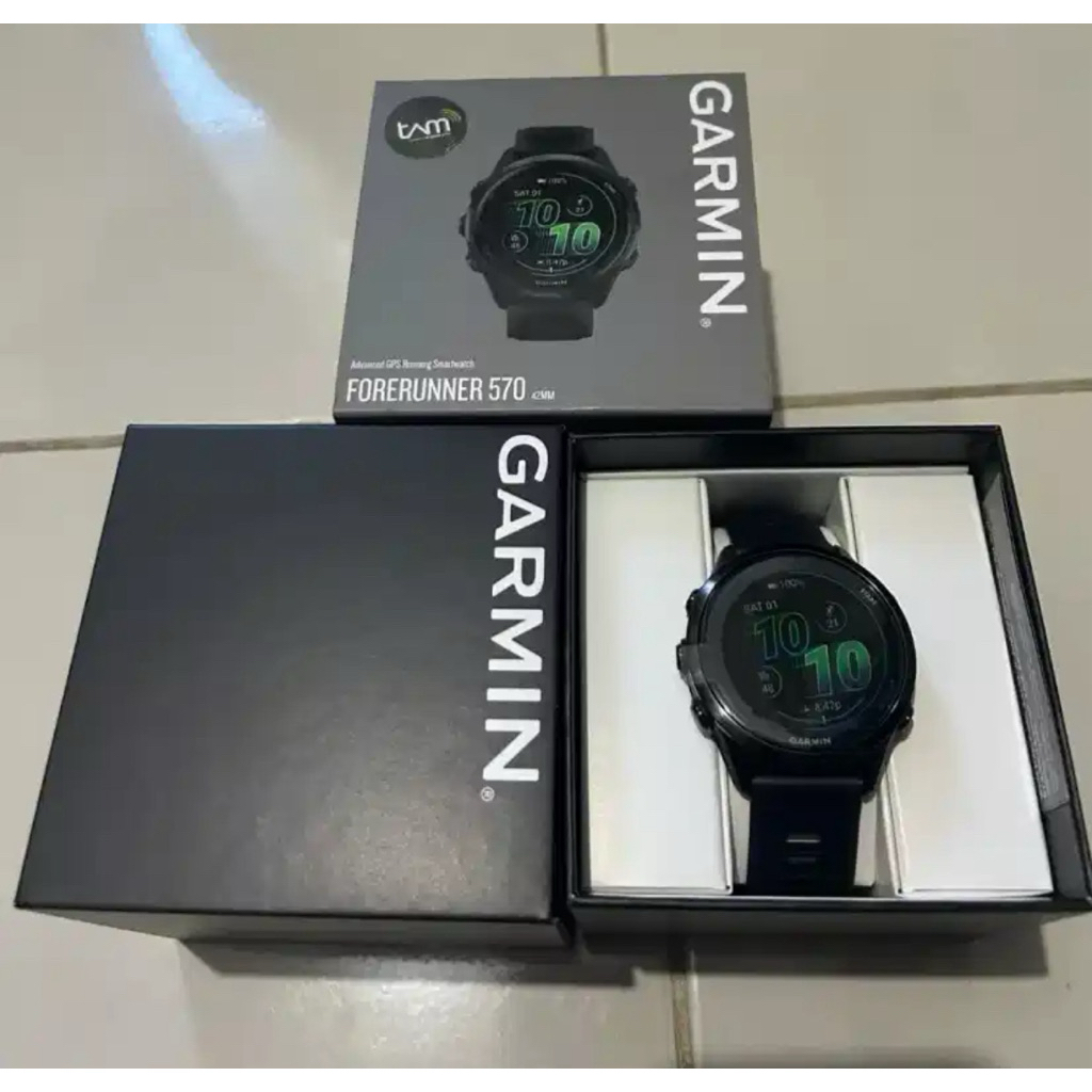 Garmin Forerunner 570 Jam Tangan GPS Lari AMOLED 1,4 Inci, Tahan Air 5 ATM, Hitam/Putih/Kuning/Merah