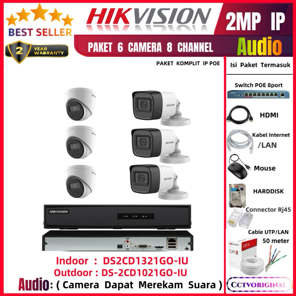 PAKET  CCTV  IP  POE  2MP  HIKVISION  AUDIO  8  CHANNEL  6  CAMERA  LENGKAP