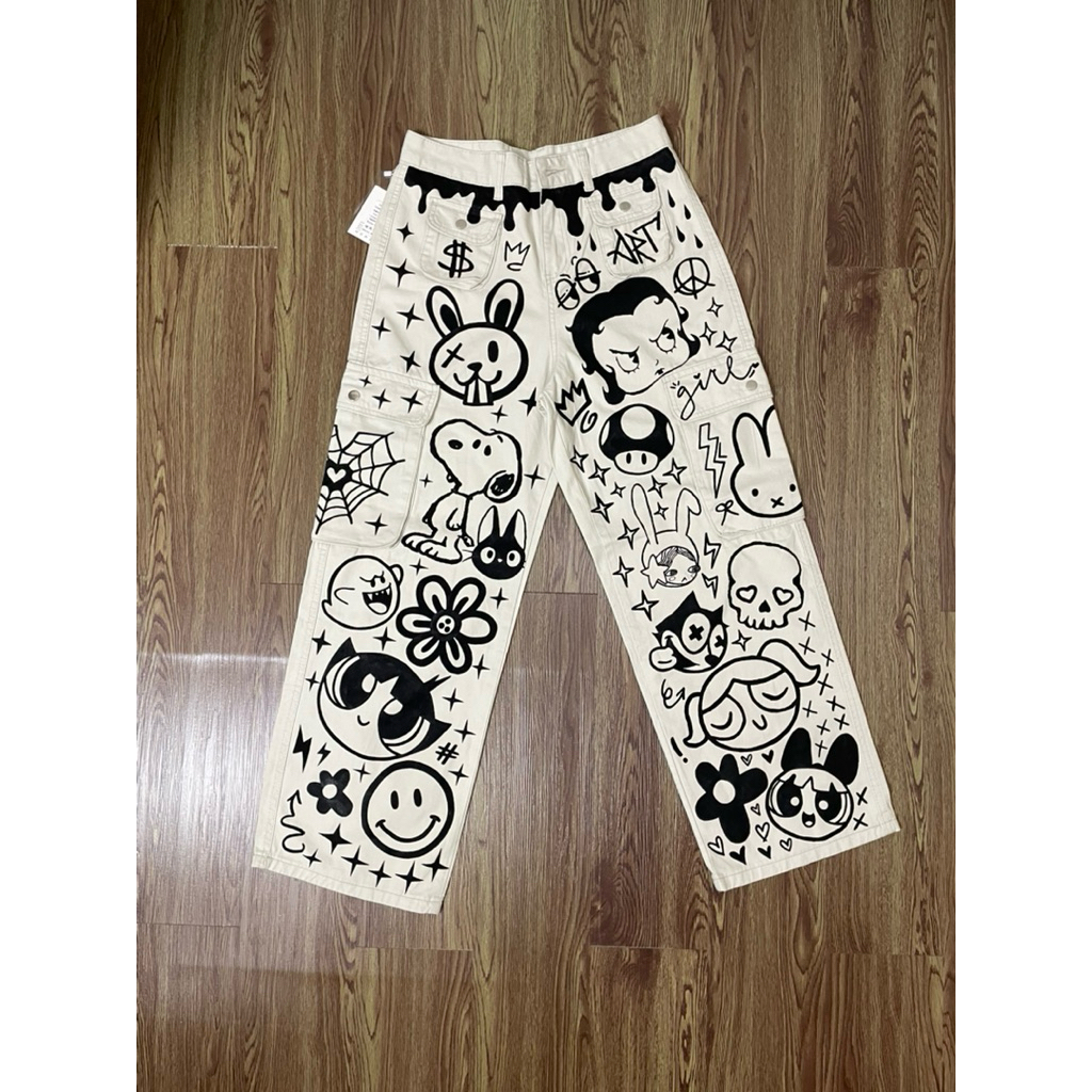 celana jeans cargo lukis painting art highwaist premium