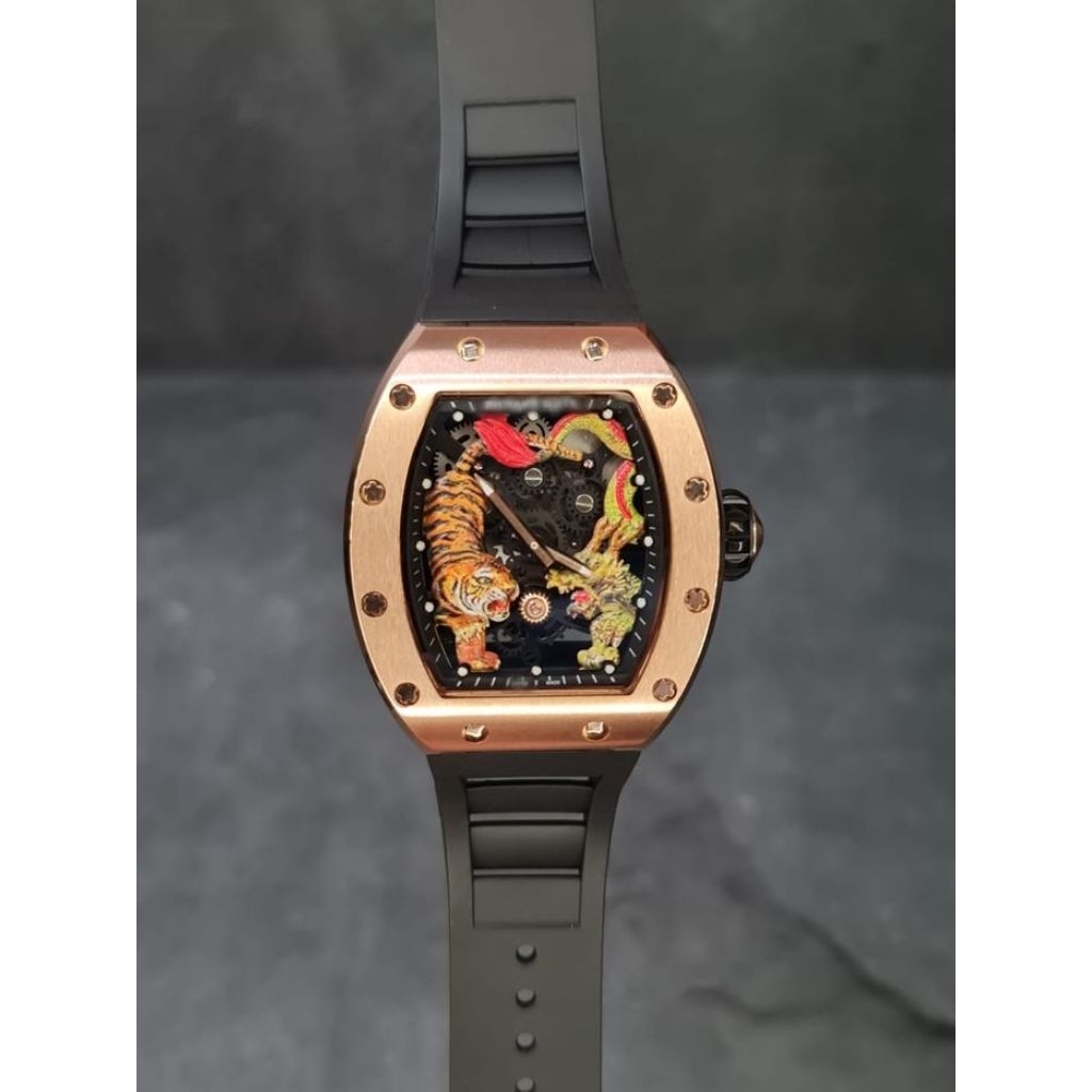 JAM TANGAN RESMI RM51-01 JACKIE CHAN TIGER DRAGON ROSEGOLD CASE 44MM BLACK RUBBER STRAP LIMITED