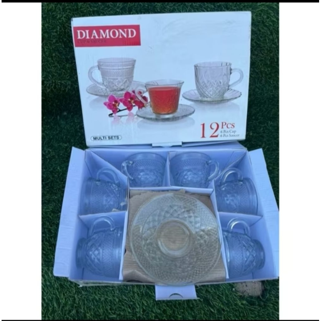 Gelas Kopi + Lepek Kaca Diamond Cup And Saucer Multi Set (6 gelas + 6 lepek) Cocok Untuk Gift Kado H