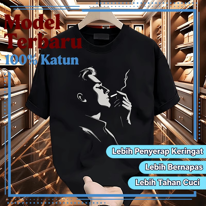 COD Kaos Unisex Motif Ilustrasi Pria Menghisap Rokok Katun Berkualitas Nyaman Bernapas Oversize Fit