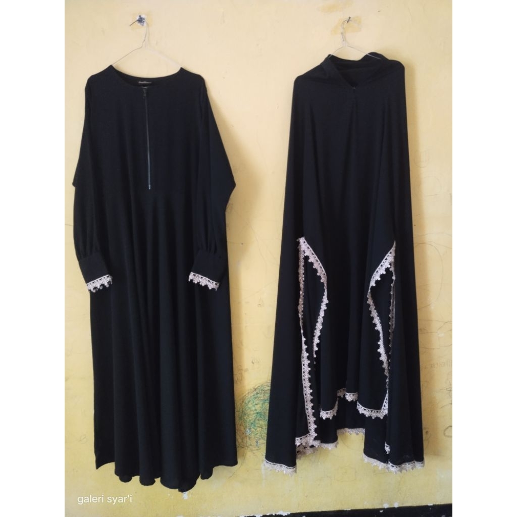 Preloved set Gamis hitam / jetblack Renda by Langitbiru khimar non pad