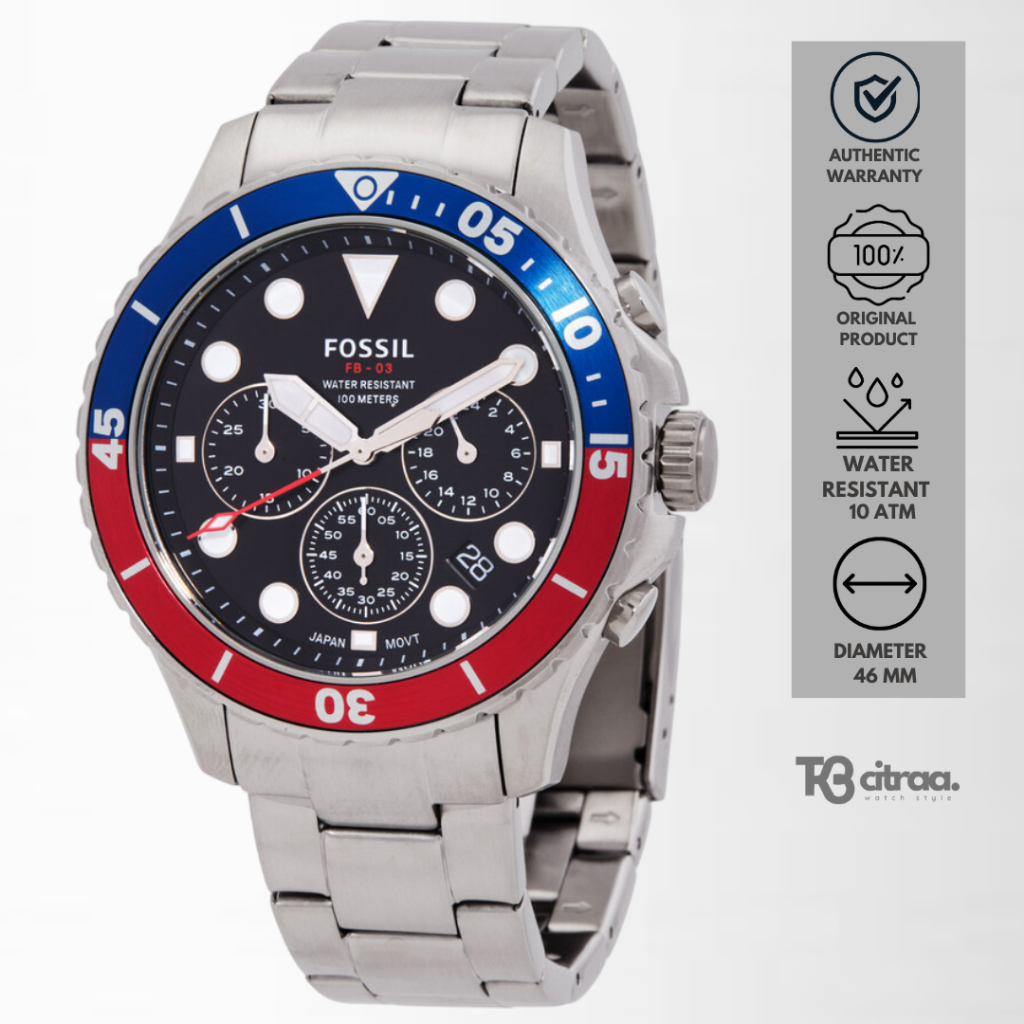 Jam Tangan Pria Fossil FB-03 FS5767 Chronograph Men Black Dial Silver Stainless Steel Strap Mewah Sp