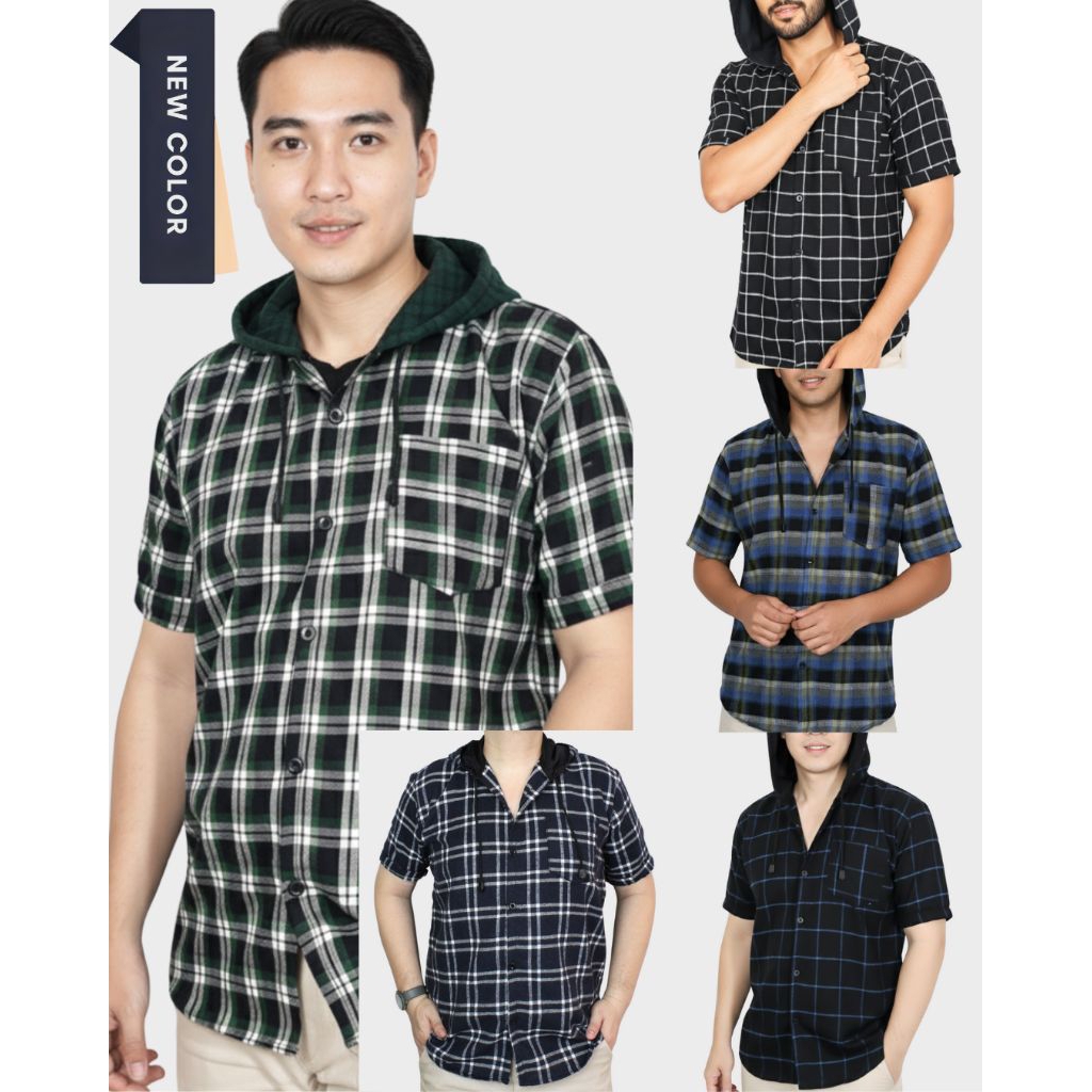 Kemeja Flanel Hoodie Lengan Pendek Pria Distro