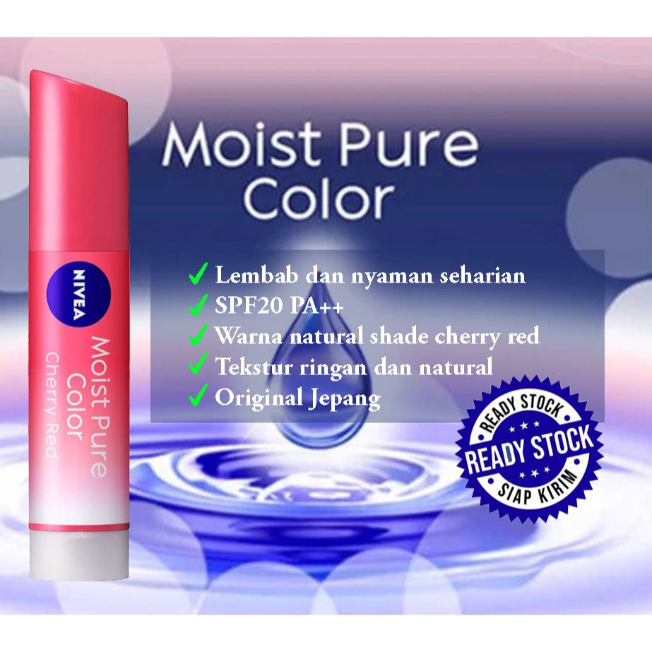 Pelembab Bibir, NIVEA Moist Pure Color Lip Balm SPF20 PA++ - Warna natural Cherry Red Apricot Pink, 