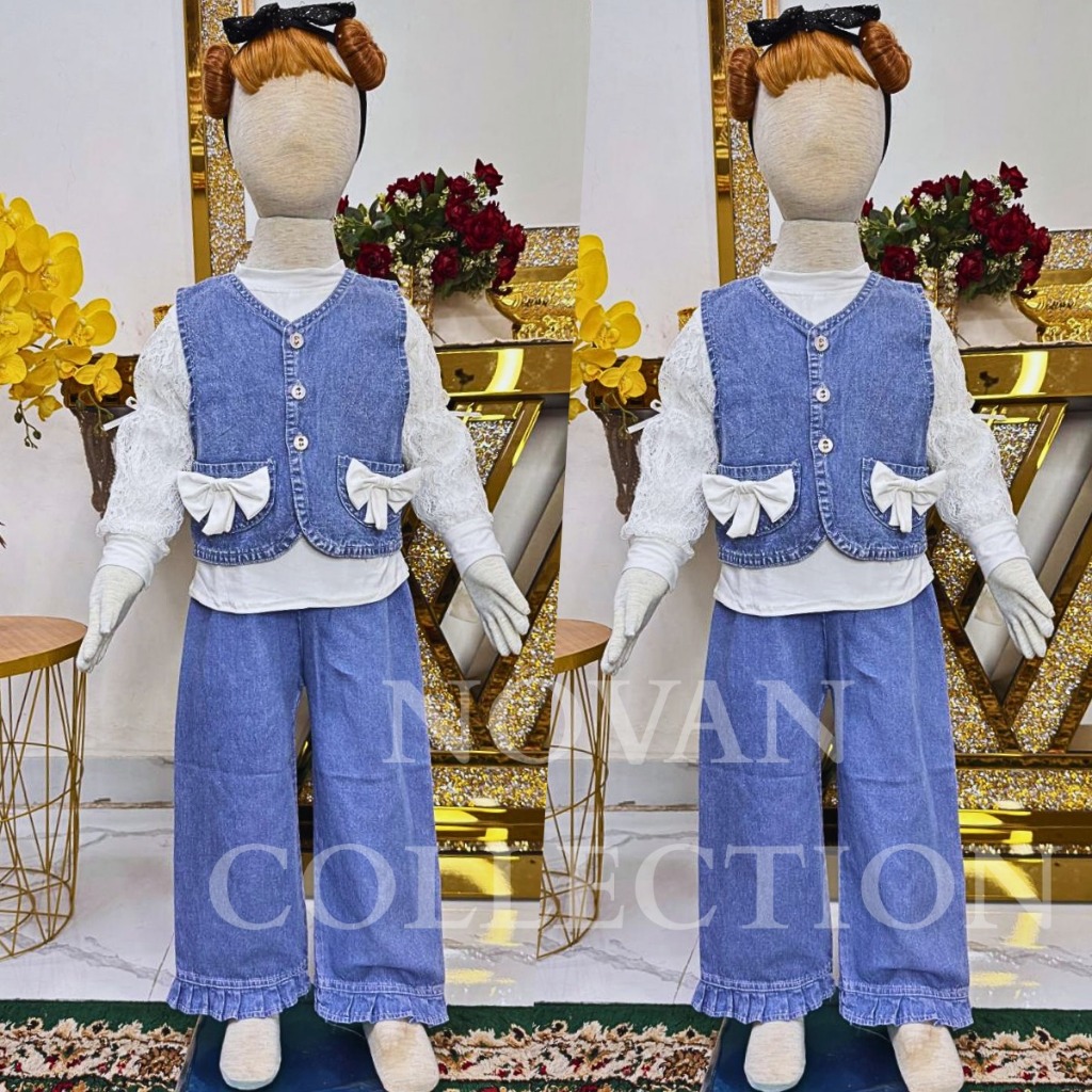 Stelan terbaru 2025 anak perempuan import korean style celana kulot skena kombinasi brokat pita usia