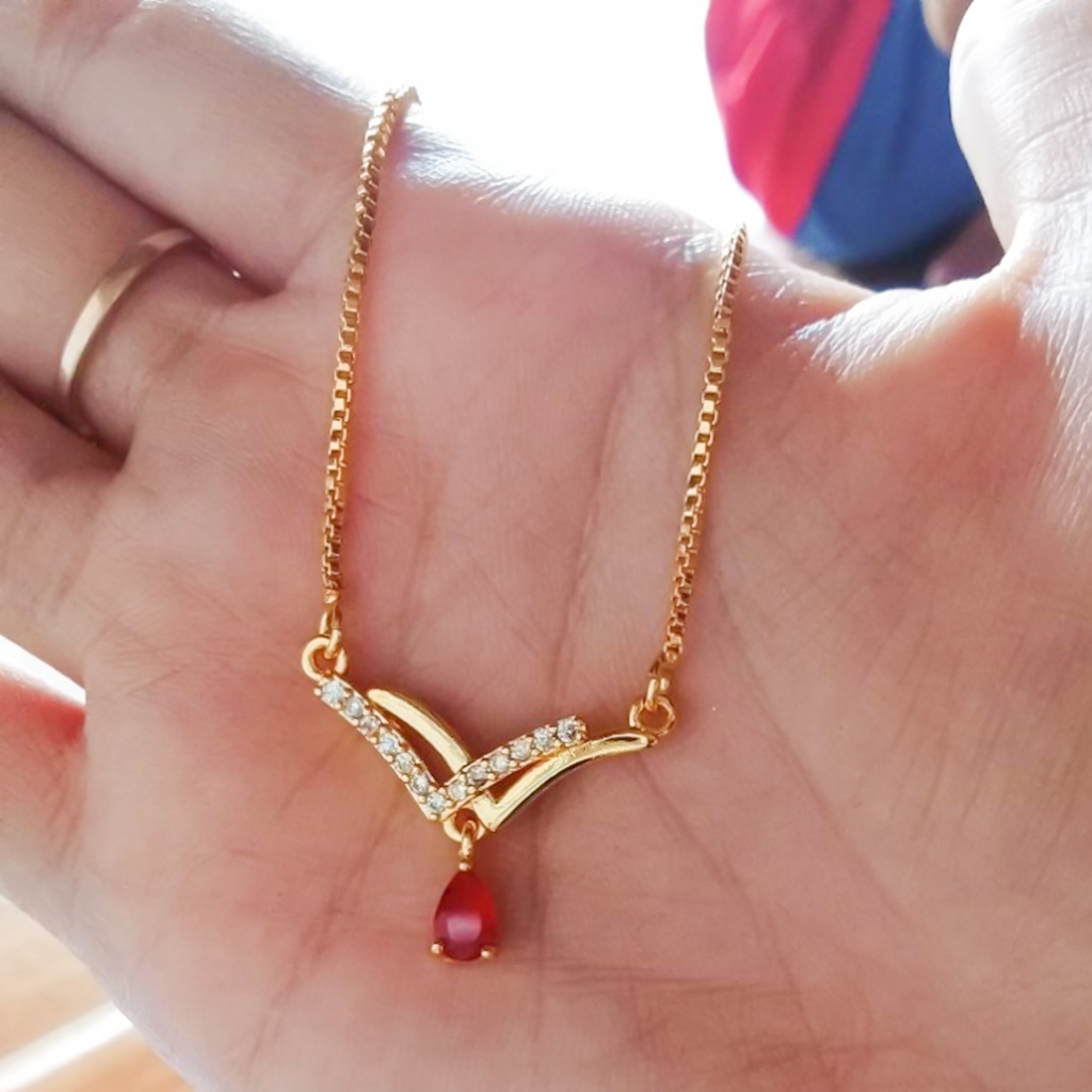 Kenten Kalung Wanita Fuji Dua Baris Permata Gantung Tetes Air Merah mewah