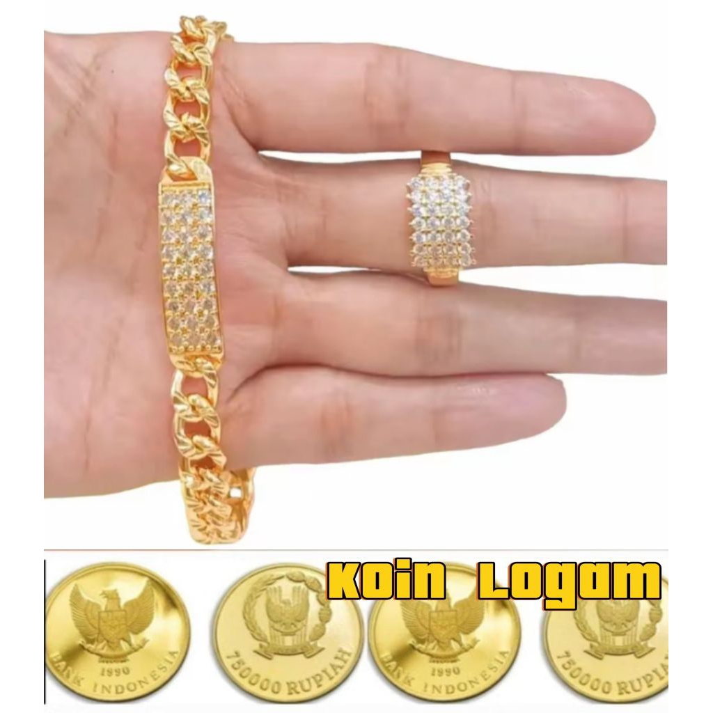 Gelang tangan dewasa koin logam motif kotak dubai free cincin
