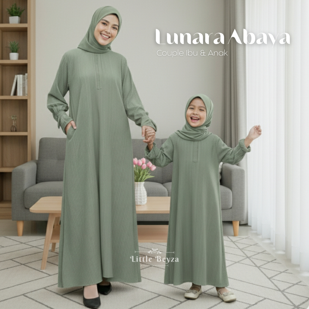 Baju Abaya Couple Ibu dan Anak Warna Hijau sage | Dress Couple Ibu dan Anak | Dress Anak 0-12 Tahun