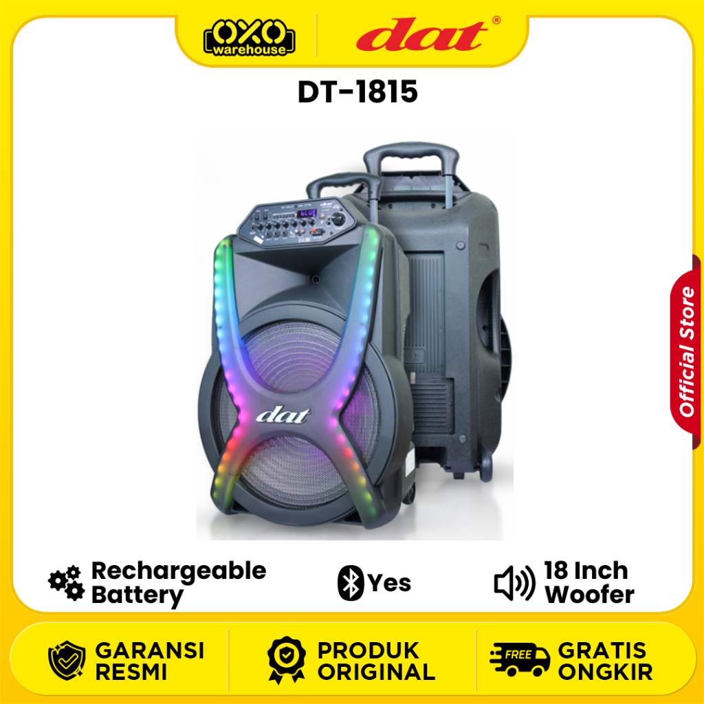 DAT DT-1815 Speaker Trolley Bluetooth 18 Inch Woofer Rechargeable Battery Low Watt Garansi Resmi