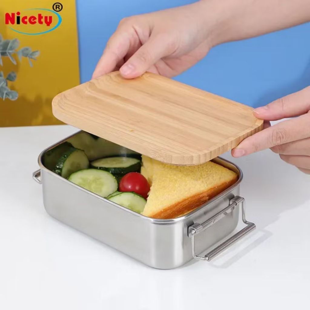 KOTAK LUNCH BOX STAINLESS TUTUP KAYU | BENTO BOX KOTAK MAKAN STAINLES TUTUP KAYU STAINLESS 304