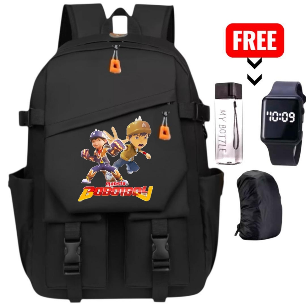 Tas Ransel Sekolah Anak Fashion Motif Krater BOBOIBOY RR 5018 Free Hadiah Jam Botlle Cover Anti air