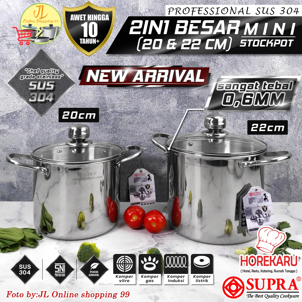 Supra Professional SUS 304 Mini Stock pot tutup kaca 2 in 1 Stainless steel lid 20cm dan 22cm / panc