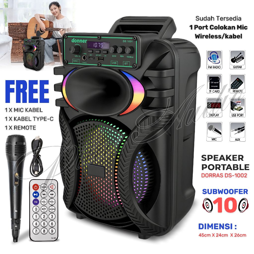 Speaker Bluetooth DORRAS DS-1002 Inch Free 1 Mic Kabel Wireless Karaoke + Remote - Speaker Karaoke F
