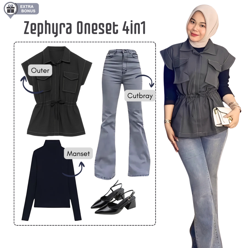 Oneset One set 3in1 setelan hijab wanita outer rompi vest manset inner dalaman celaan cutbray jeans 