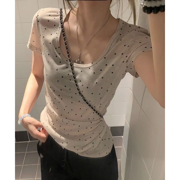 Atasan kaos polkadot leher bulat lengan pendek/Kaos wanita