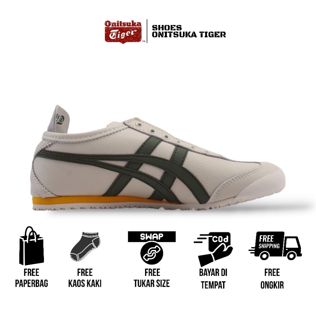 Onitsuka Tiger mexico 66 women's shoes slip on leather cream green orange free paperbag & kaos kaki