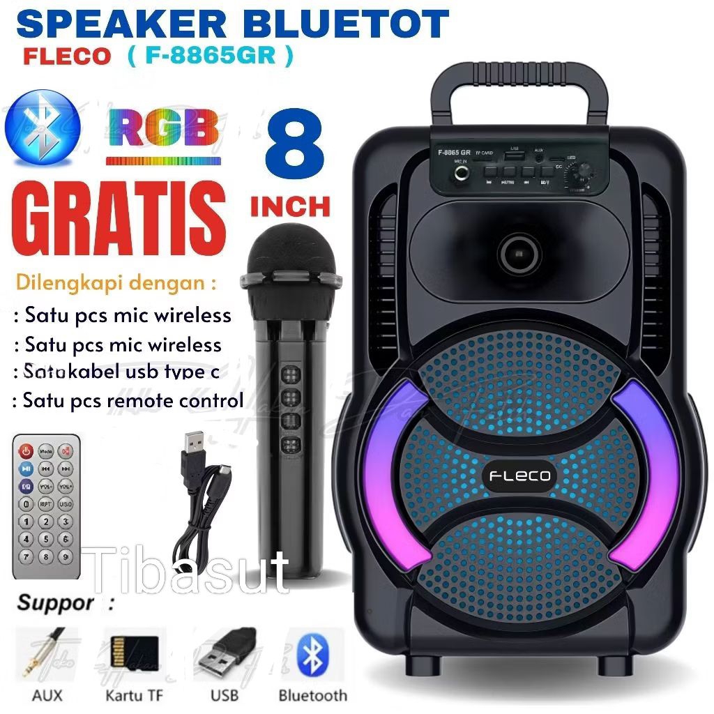 Speaker Aktif Bluetooth 8 inch TWS + Mic Wireless Karaoke Fleco F-8865GR  Speker Blutut Salon F8865 
