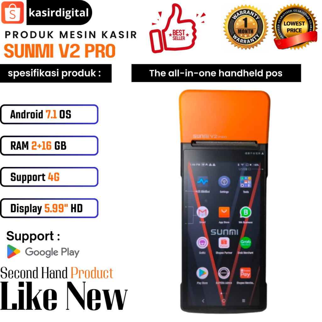 Mesin Kasir Android Portable SUNMI V2 PRO RAM 2+16 GB Non NFC Second Bergaransi Support Playstore