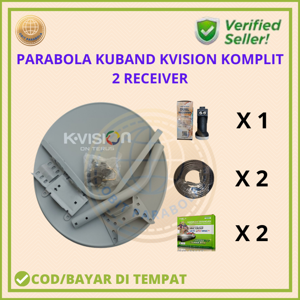 PAKETAN PARABOLA KUBAND KVISION 60 CM KOMPLIT UNTUK 2 TV/RECEIVER (1 ANTENA+1LNB KU 2 OUT+2KABEL+2RE