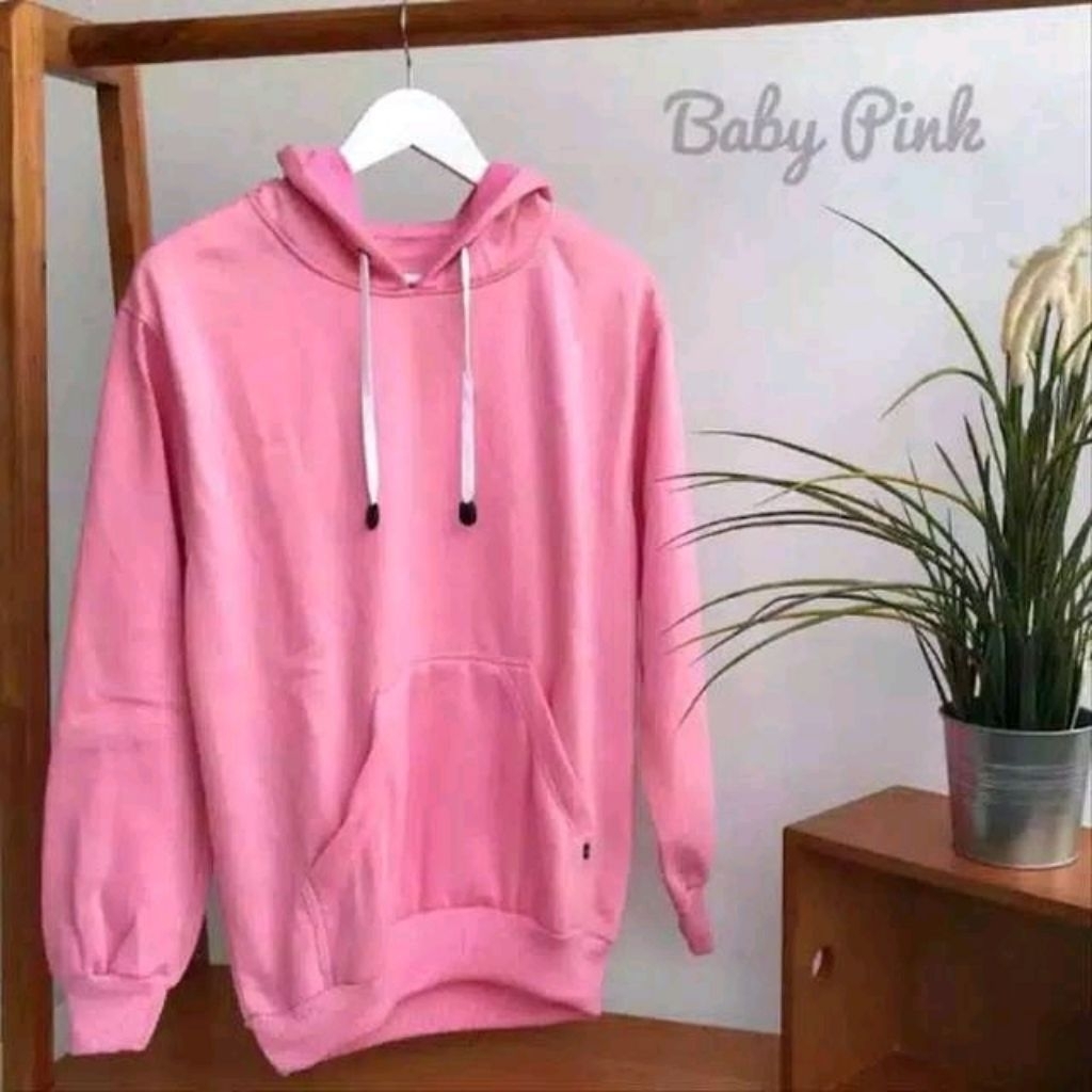 JAKET HOODIE POLOS WARNA BABY PINK BAHAN FLEECE BISA DIPAKAI UNTUK PRIA DAN WANITA