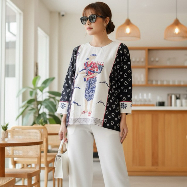 Shanaya Baju Batik Wanita Blus Mbok Jamu Cinde Hitam Blus simpel untuk sehari-hari dengan motif unik