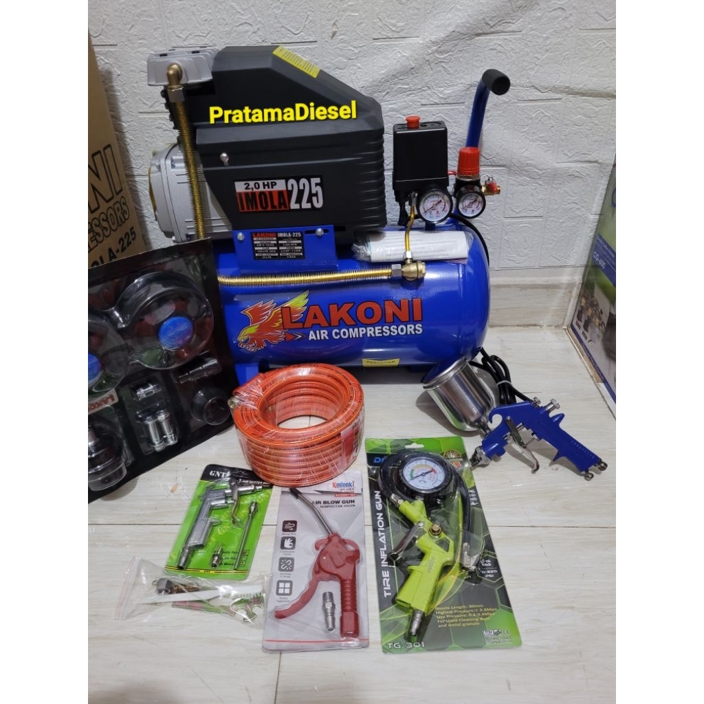 Kompresor Angin LAKONI IMOLA 225 Paket komplit Kompresor +Selang 10Meter+inflator 3 in1+Airblowgun+A