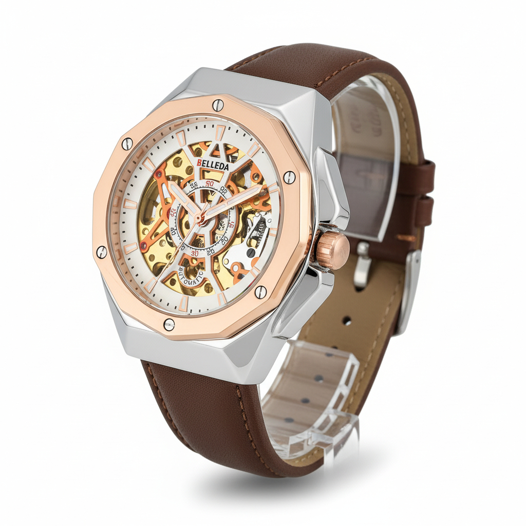 Jam Tangan Pria Belleda 9476 Automatic Tali Kulit Sakelton Watches Anti Air Watches Original