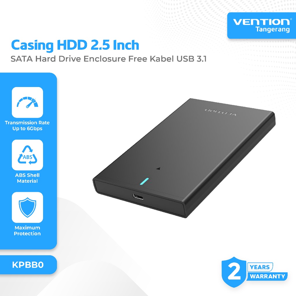 Vention Casing HDD 2.5 Inch SATA Hard Drive Enclosure Free Kabel USB 3.1 Gen 2 C 6Gbps Black - KPBB0