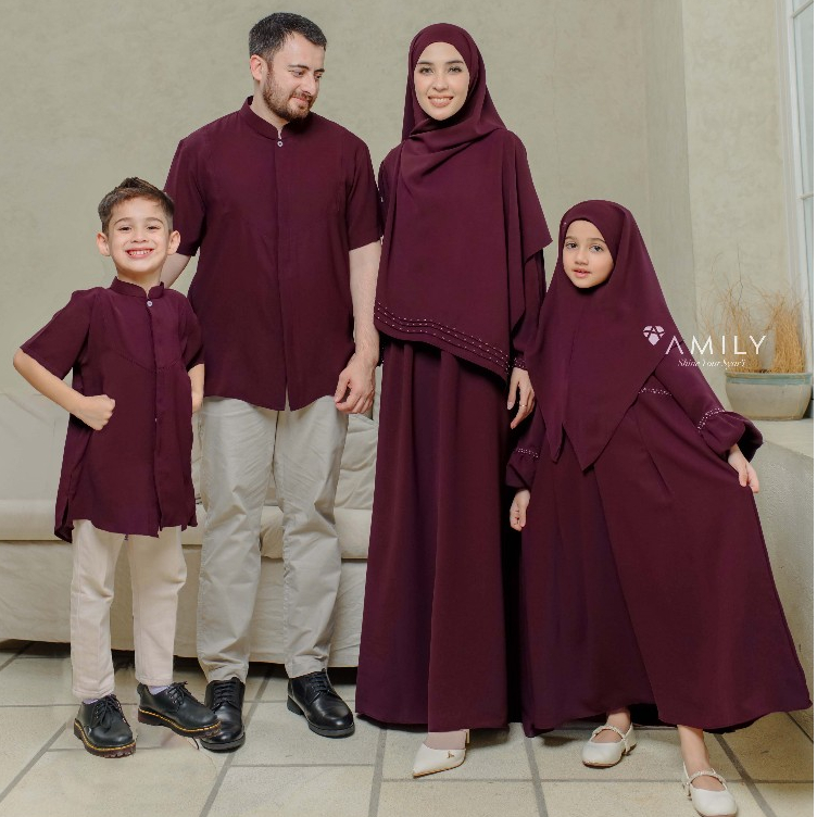 Pesona Family Series Burgundy By Amily - Sarimbit Keluarga Dress dan Koko Polos Payet Premium