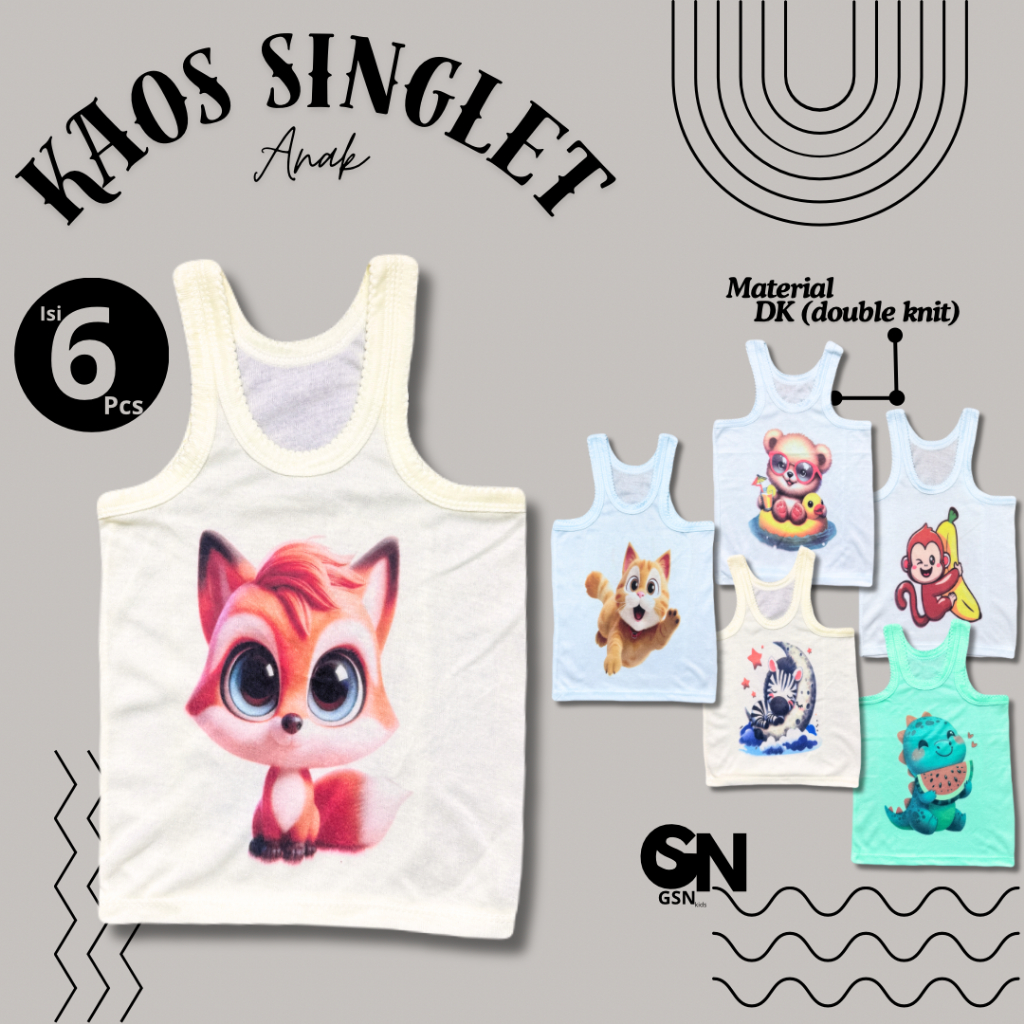 Kaos Dalam/SINGLET WARNA anak/bayi laki-laki dan perempuan Karakter Hewan