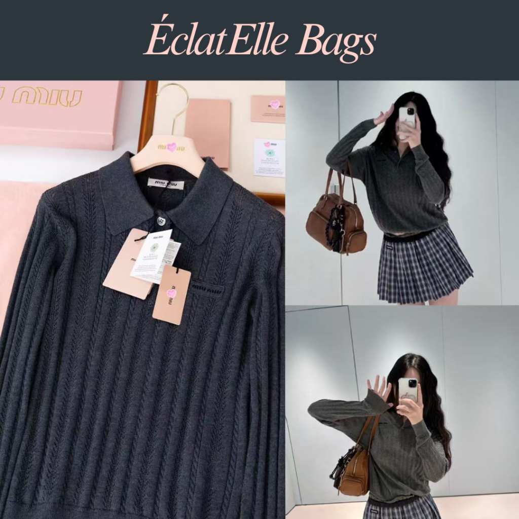 Preorder - Polo Sweater Rajut Cashmere Cewek Elegan Abu Cement Grey Atasan Rajut Polo Knitwear Wanit