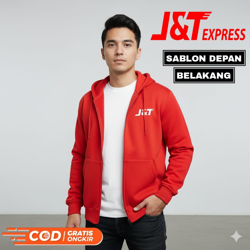 Jaket Hoodie Resleting J&T express merah unisex katun fleece