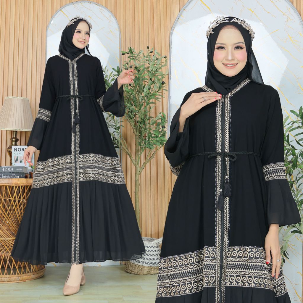 ABAYA TURKI ANDALUSIA (BUSUI) RESLETING PANJANG KOMBINASI JETBLACK MIX SERUTI BORDIR KELILING DEPAN-