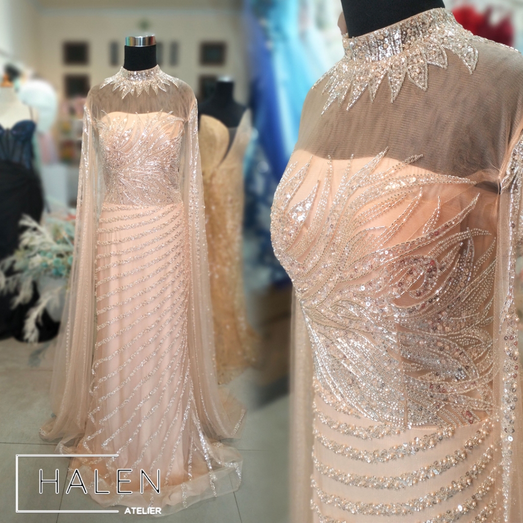 [FOR RENT] Dress Pesta Mewah Elegan Champagne Gold Full Payet dengan Slayer - Champagne Gold Elegant