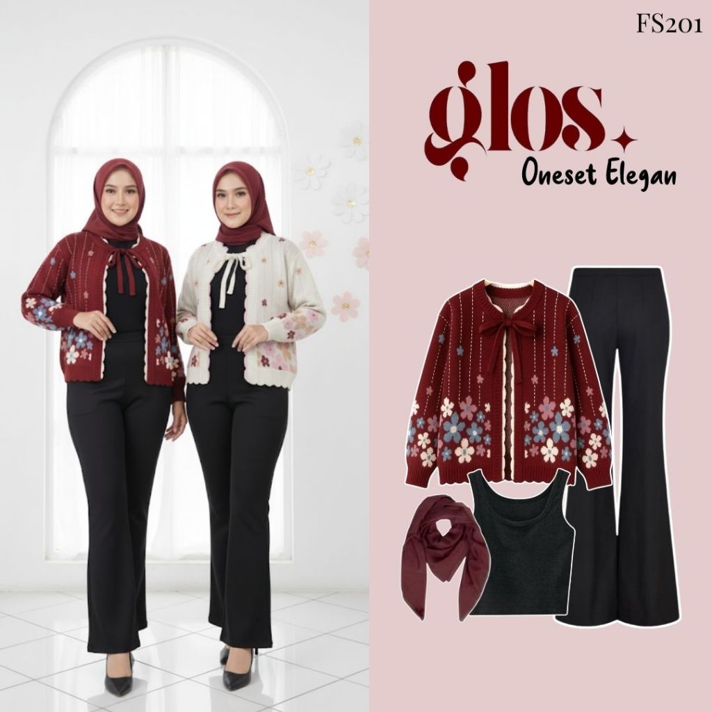 Glos Oneset Elegan (Hijab, Tanktop, Outer Bunga, Celana Cutbray) Outfit Rajut Motif Bunga |FS201