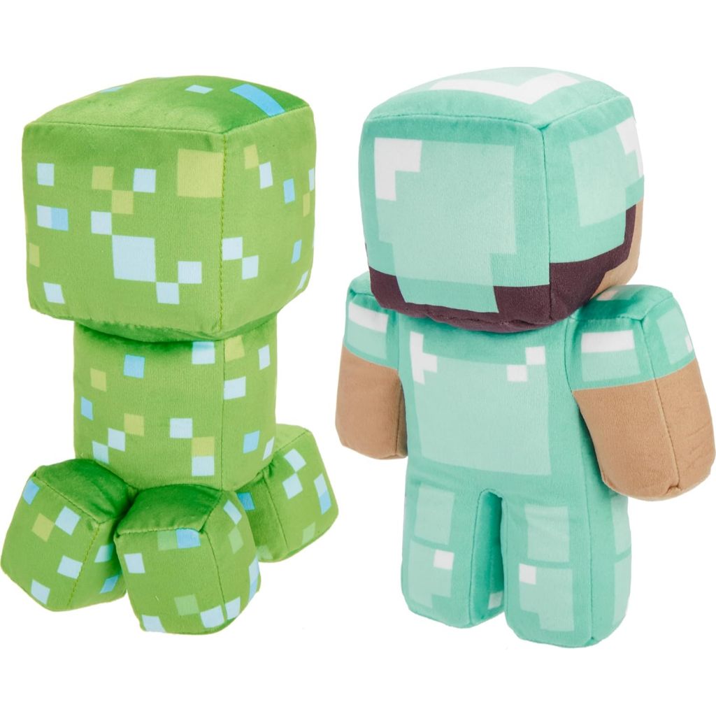 Mattel Minecraft Plush Figure 2-Pack, Steve in Diamond Armor & Charged Creeper Set, Soft Character