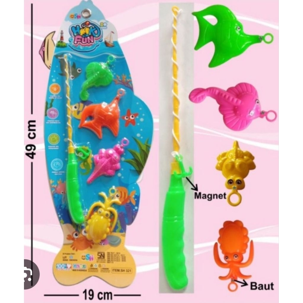 mainan pancing-pancingan isi 4 ikan laut lengkap dengan kail magnet jala - Pancing jala Hook Fun 4 i