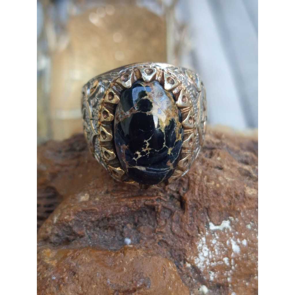 Natural Pirus Persia Hitam Top Color Ring Perak 925 HM