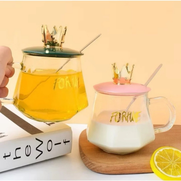 Gelas Mug Kaca Crown Mahkota Satu Set Sendok / Gelas kaca 350ml Mahkota Crown + sendok / Gelas Aeste