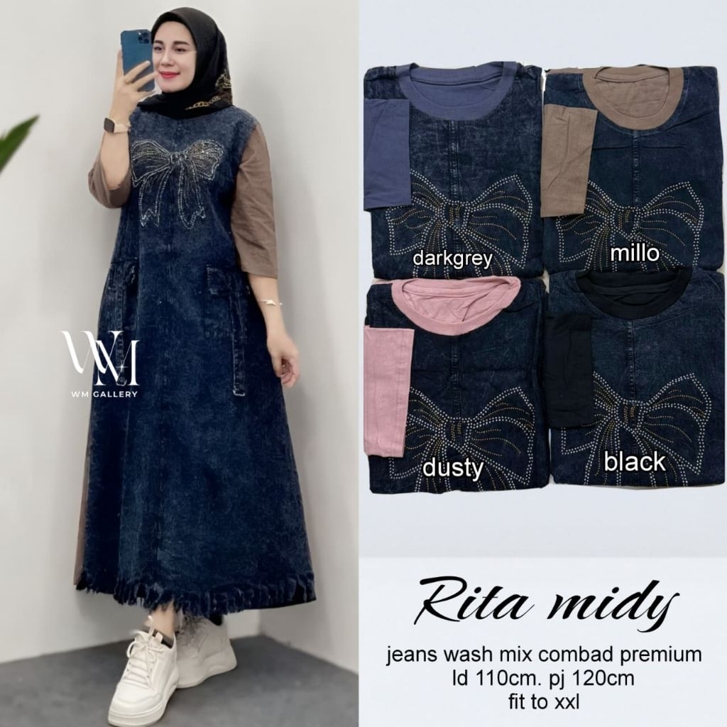 Rita midi dress jeans by w&w gamis jeans kombinasi denim dress import dress simple elegant gamis den