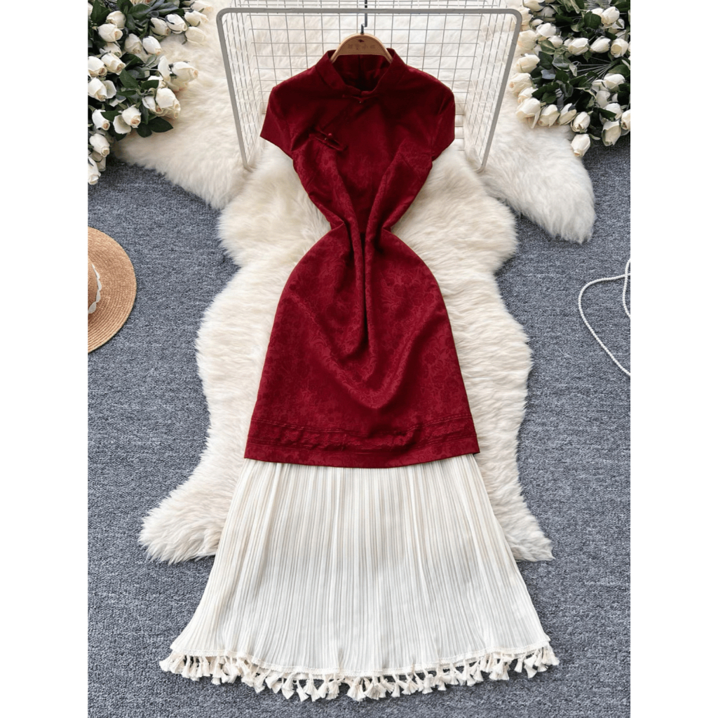 DARLA - Tao Dress Maroon Cheongsam Maxi Dress