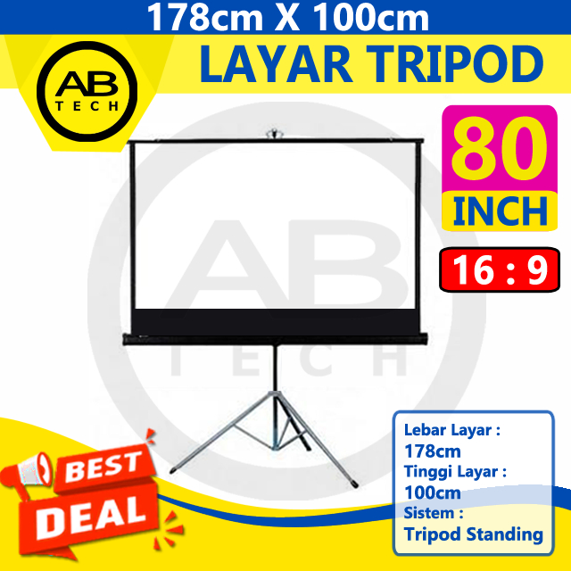 Screen Projector Tripod 80" Ratio 16:9 Widescreen - Layar Proyektor 80 inch Stand Tripot