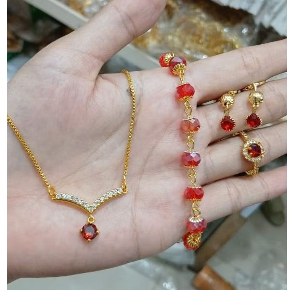Satu Set Perhiasan Anting Fullset  Model Batu Merah Delima Terbaru